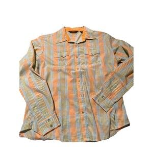 AURA by Wrangler Womens Medium Green Blue Plaid Pearl Snap Western Shirt